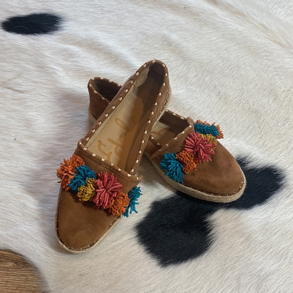 Sam Edelman Issa Espadrille flats in brown suede with multi-colored pom-poms - Picture 1 of 11